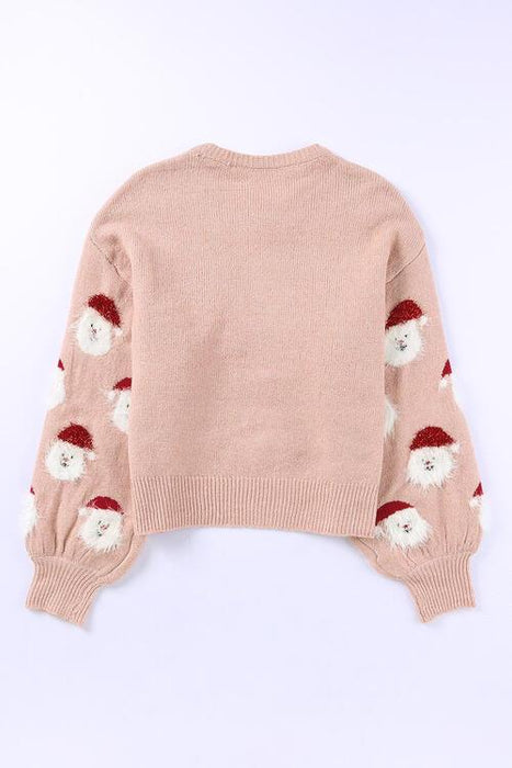 Cozy Santa Print Sweater with Round Neck and Long Sleeves
