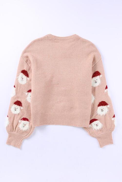 Cozy Santa Print Sweater with Round Neck and Long Sleeves