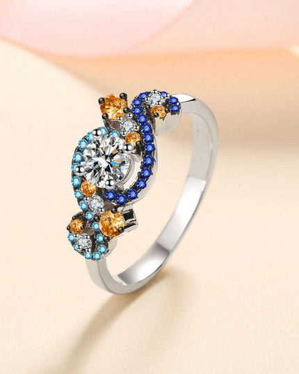 Elegant Moissanite and Zircon Sterling Silver Ring Set with Rhodium Finish