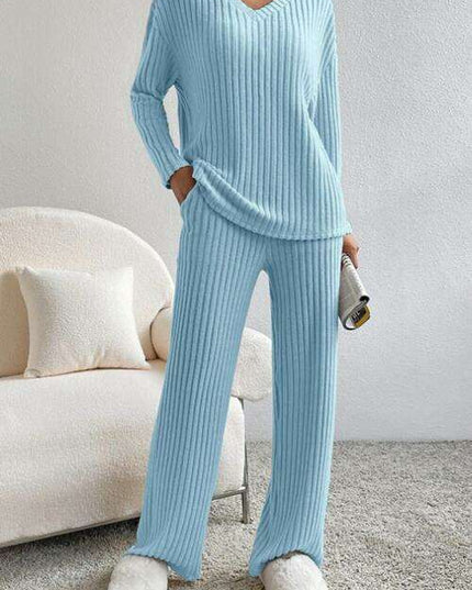 Chic Ribbed V-Neck Lounge Set - Ultimate Comfort Attire