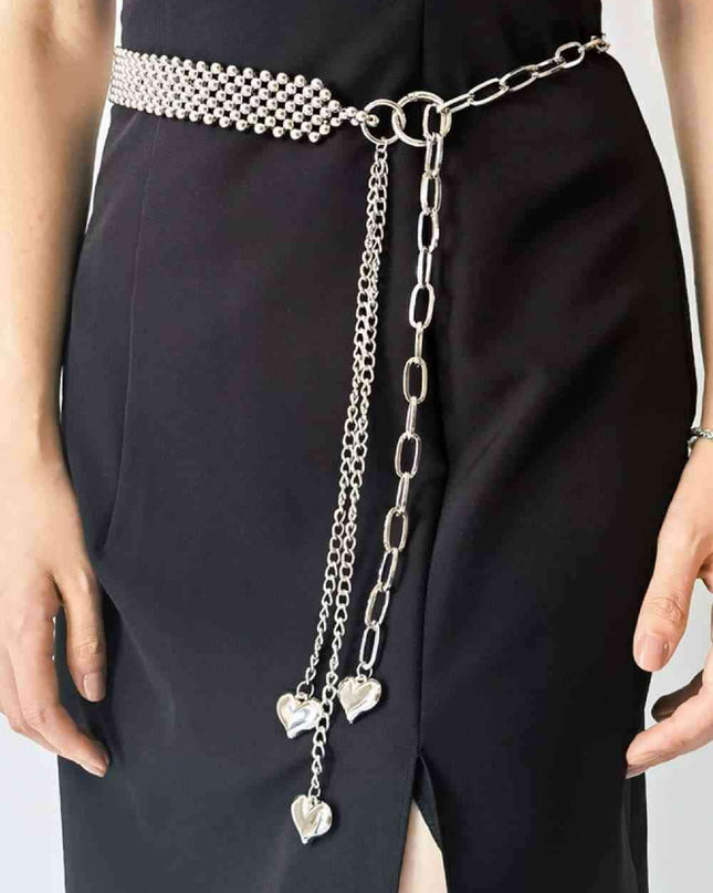 Elegant Heart Charm Beaded Waist Belt with Adjustable Extension - Stylish Fashion Accessory