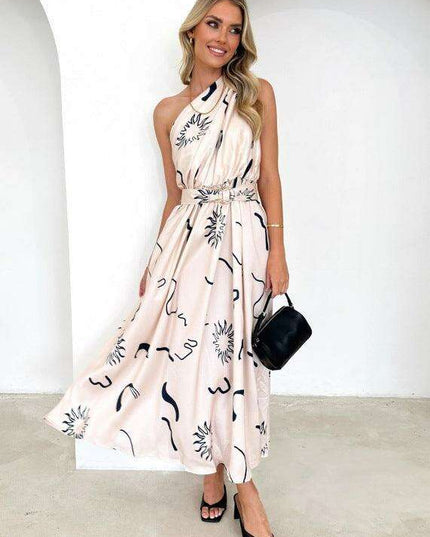 Elegant One-Shoulder Backless Dress with Unique Self-Design and Tailored Fit