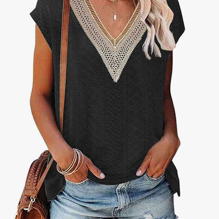 Elegant Eyelet Chevron V-Neck Tee with Stylish Openwork Design