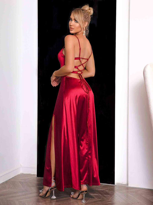 Elegant Lace-Up Back Maxi Dress with Spaghetti Straps
