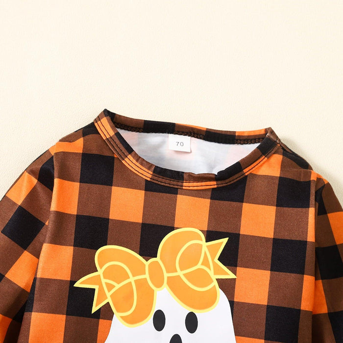 Adorable Plaid Ghost Baby Romper with Bow and Ruffle Details - Halloween Inspired Infant Jumpsuit