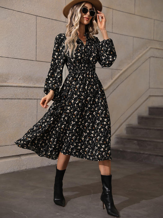 Floral Smocked Waist Midi Dress with Long Sleeves