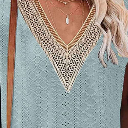 Elegant Eyelet Chevron V-Neck Tee with Stylish Openwork Design