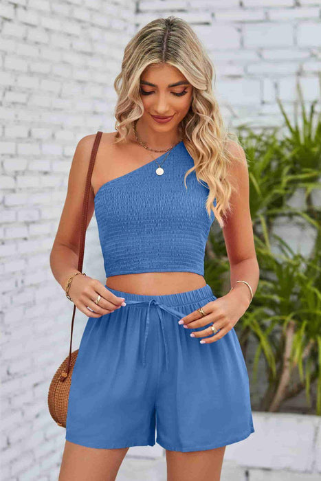 Chic Smocked One-Shoulder Top and Shorts Set