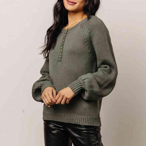 Comfy Round Neck Button-Up Sweater with Long Sleeves