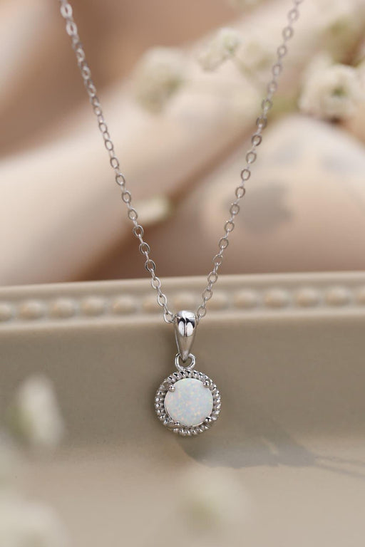 Opal Round Pendant Necklace in Sterling Silver with Platinum Finish