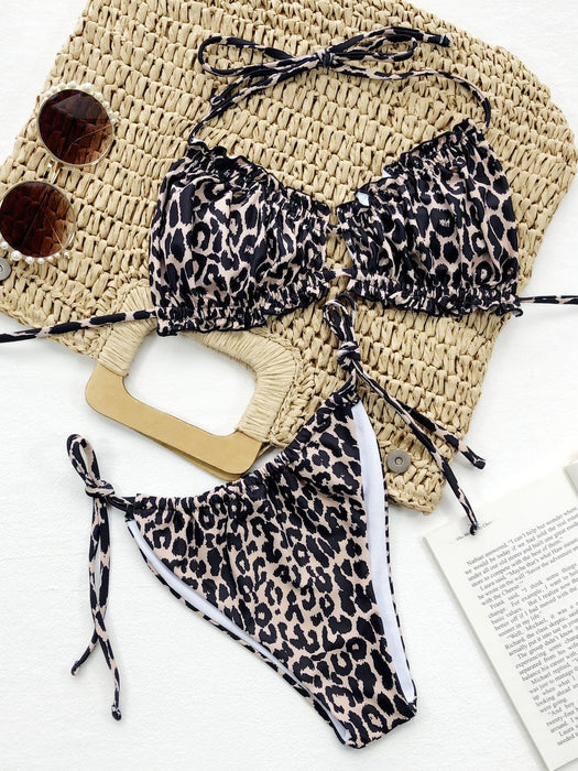 Leopard Print Tie Side Bikini Set with Frill Trim and Removable Padding