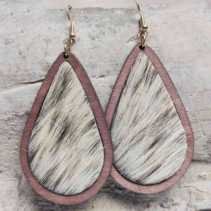 Rustic Elegance Cowhide Leather and Wood Teardrop Earrings - Bold Western-Inspired Statement Accessories