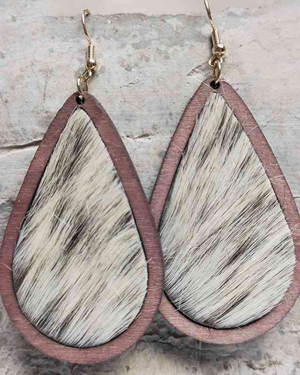 Rustic Elegance Cowhide Leather and Wood Teardrop Earrings - Bold Western-Inspired Statement Accessories