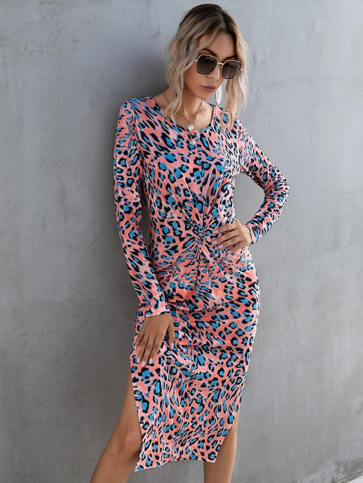 Leopard Print Twist Detail Midi Dress