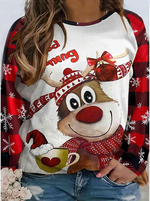Festive Reindeer Print Plaid Long Sleeve Tee for Curvy Women