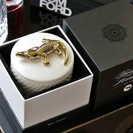 Ivory Crocodile Candle in Ceramic Vessel with Charnel Aroma - Elegant Home Fragrance Delight