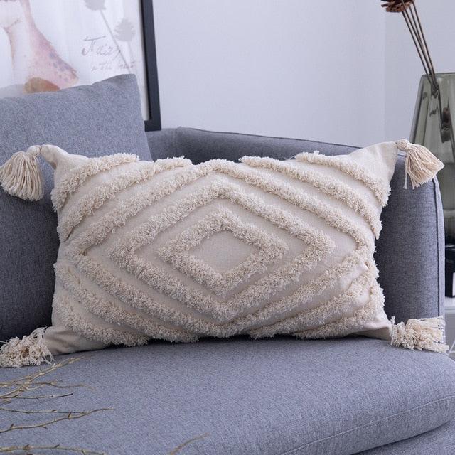 Tassel Embroidered Linen/Cotton Beige Cushion Cover