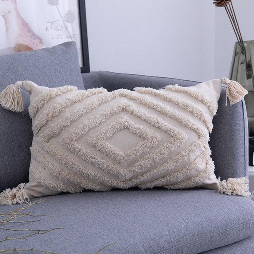 Boho Chic Tassel Embroidered Throw Pillow - Beige Flocked Bohemian Design - Available in 2 Sizes