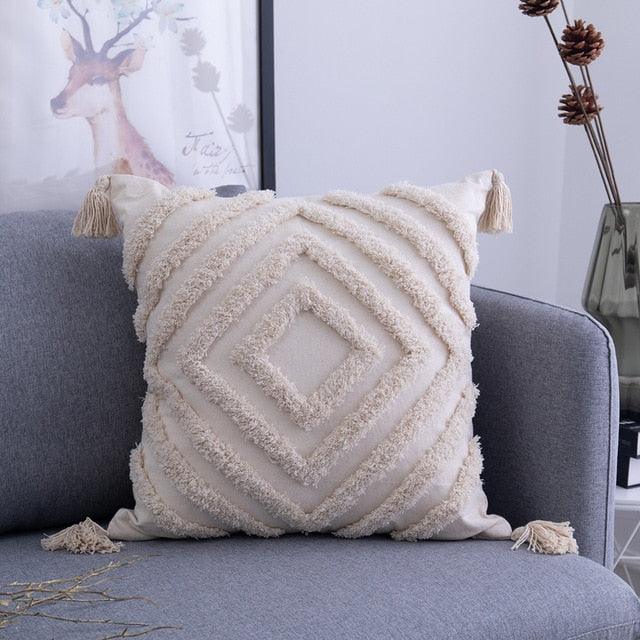 Boho Chic Tassel Embroidered Throw Pillow - Beige Flocked Bohemian Design - Available in 2 Sizes