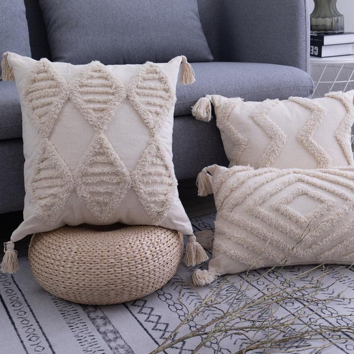 Bohemia Tassels Embroidered Throw Pillow Set - Stylish Beige Boho Design - 2 Size Options