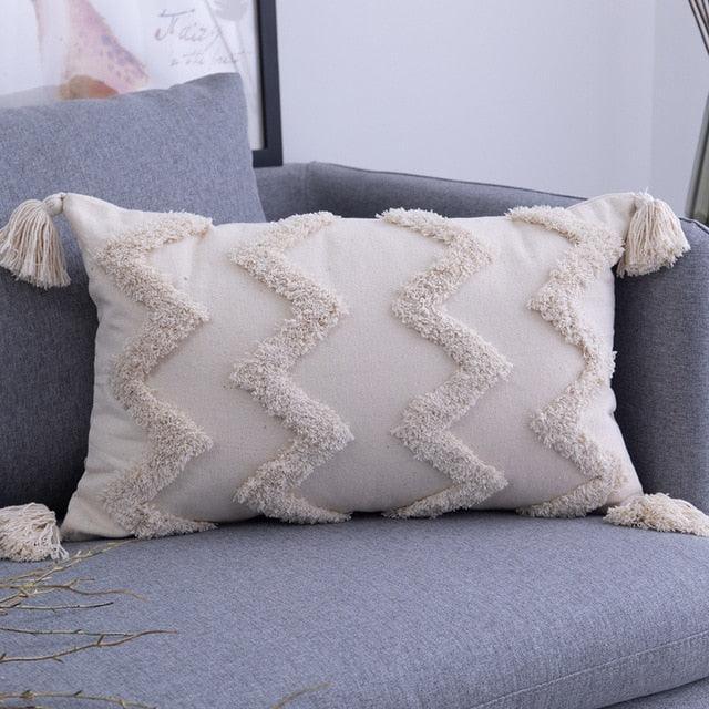 Stylish Beige Tassel-Embellished Boho Linen Blend Cushion