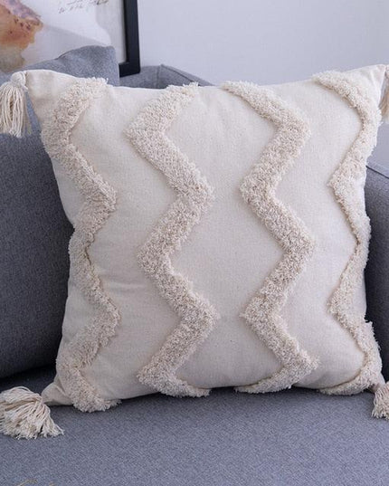Stylish Beige Tassel-Embellished Boho Linen Blend Cushion