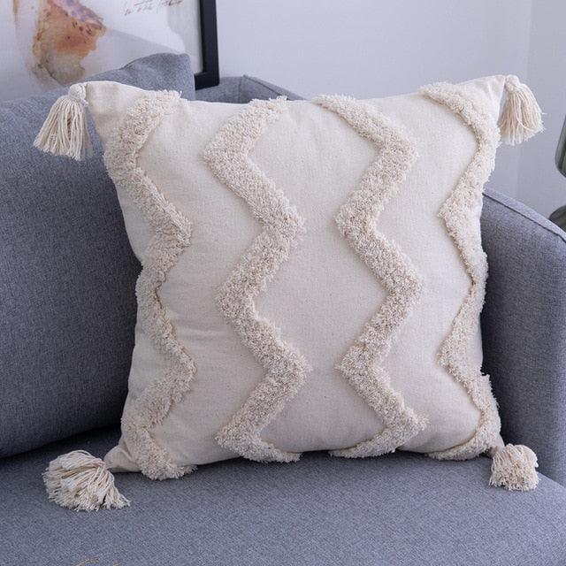 Stylish Beige Tassel-Embellished Boho Linen Blend Cushion