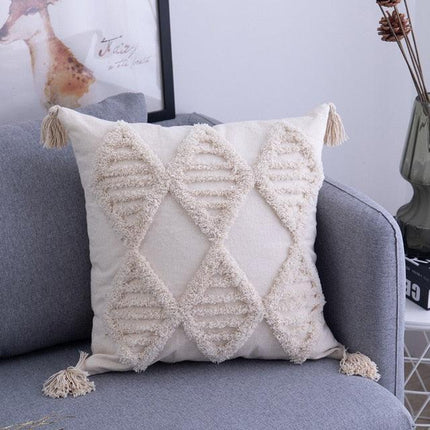 Stylish Beige Tassel-Embellished Boho Linen Blend Cushion