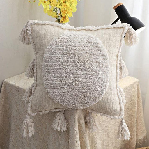 Bohemian-Inspired Plush Cushion Cover with Tassel Embellishments