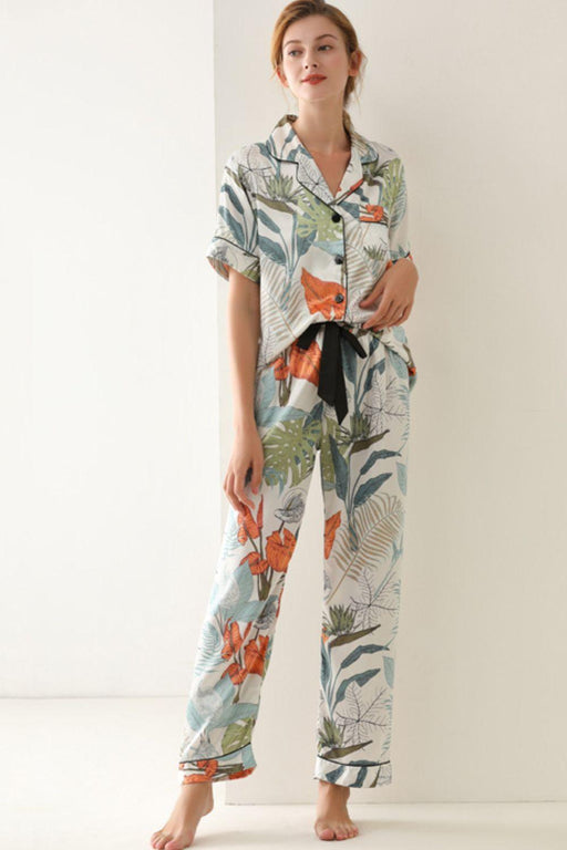 Luxurious Botanical Print Satin Pajama Set with Lapel Collar