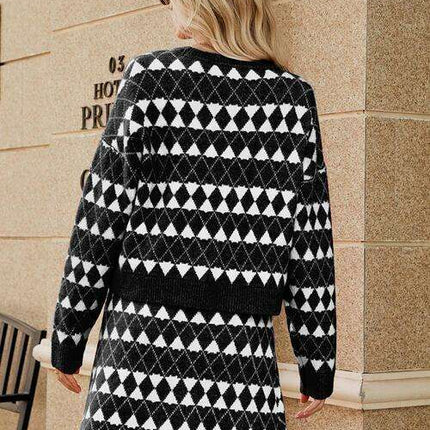 Elegant Geometric Knit Cardigan and Skirt Set