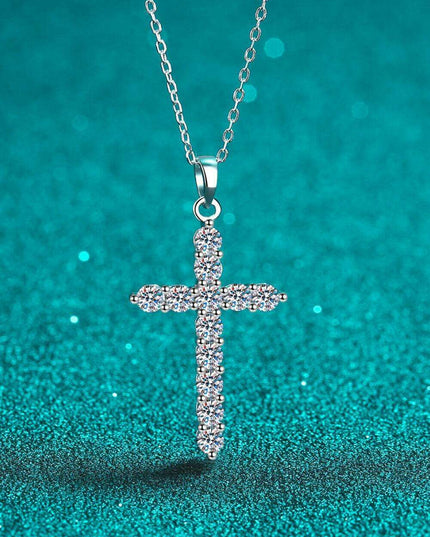 Elegant Rhodium-Finished Sterling Silver Cross Necklace with Lab-Diamonds