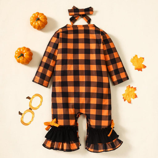 Plaid Ghost Baby Romper with Ruffle Bow Detail - Adorable Halloween Inspired Infant Outfit