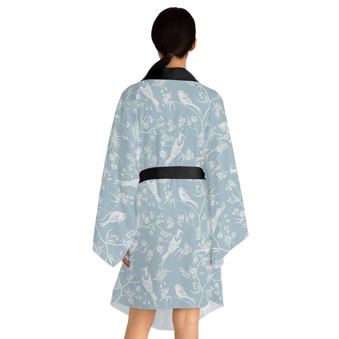 Elegant Japanese Floral Kimono Robe with Bell Sleeves and Belt