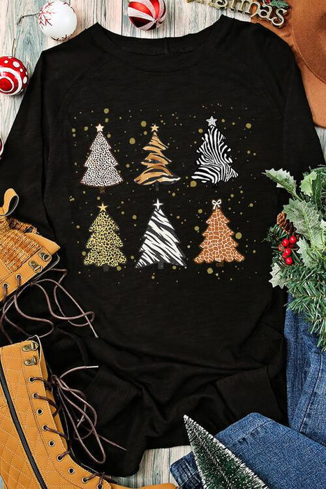 Festive Christmas Tree Print Round Neck Long Sleeve Tee - Holiday Cheer Edition