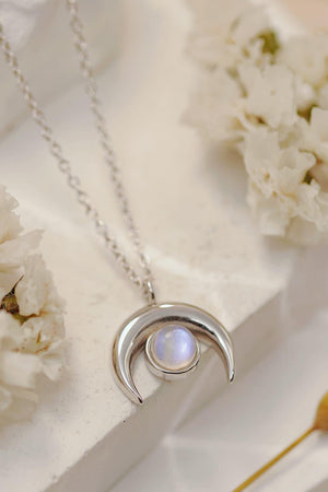 High Quality Natural Moonstone Moon Pendant 925 Sterling Silver Necklace-Trendsi-Silver-One Size-Très Elite