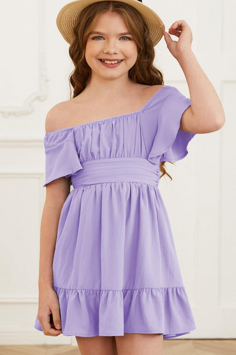 Ruffle Hem Square Neck Mini Dress with Tie-Back Flutter Sleeves