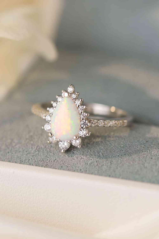 Opal Gemstone Ring with Zircon Accent Stones in Platinum-Plated Setting
