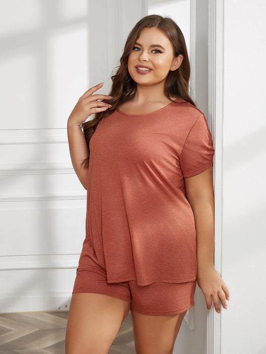 Plus Size Women's Cozy Lounge Set - Short Sleeve Top and Shorts with Solid Pattern