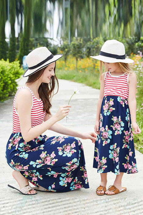 Floral and Striped Sleeveless Summer Dress with Round Neck