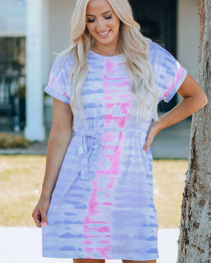 Colorful Bohemian Rainbow Tie-Dye Tunic Dress with Trendy Belt Details