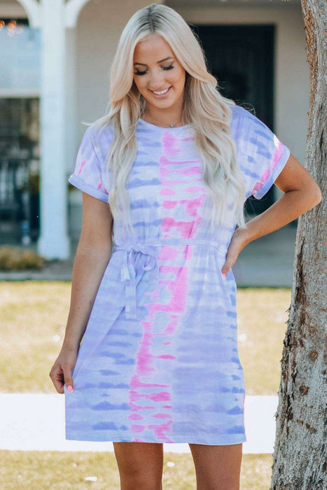 Colorful Bohemian Rainbow Tie-Dye Tunic Dress with Trendy Belt Details