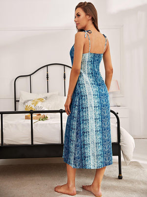 Printed Tie Shoulder Midi Night Dress-Trendsi-Blue-S-Très Elite