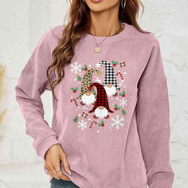 Whimsical Gnome Print Cozy Sweatshirt with Trendy Drop Shoulders