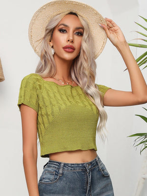 Cable-Knit Round Neck Short Sleeve Knit Top-Trendsi-Lime-S-Très Elite