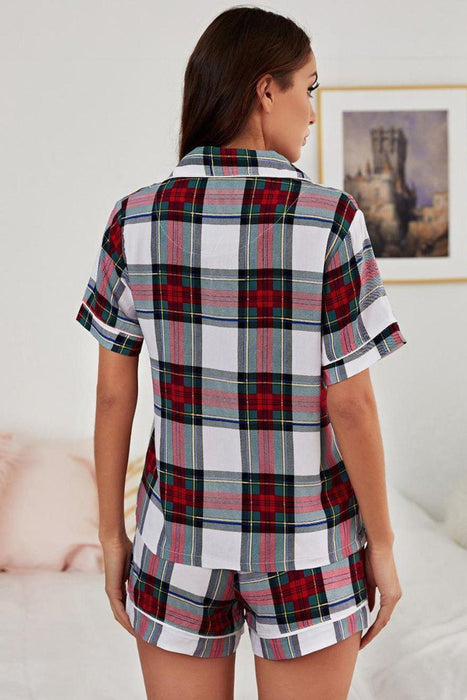 Cozy Plaid Lounge Set with Button-Up Collar and Drawstring Shorts