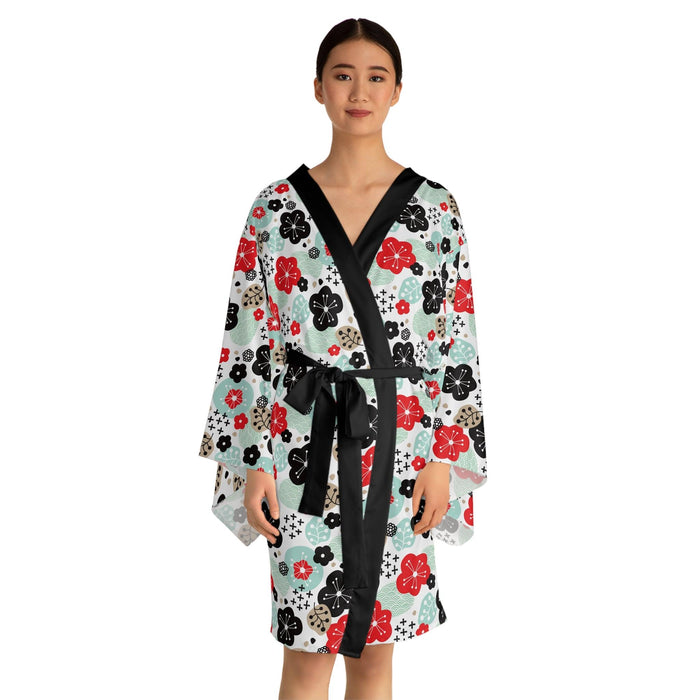 Japanese Floral Kimono Robe with Bell Sleeves and Belt