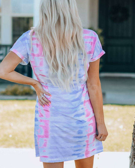 Colorful Bohemian Rainbow Tie-Dye Tunic Dress with Trendy Belt Details