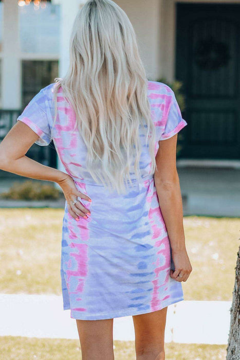 Colorful Bohemian Rainbow Tie-Dye Tunic Dress with Trendy Belt Details