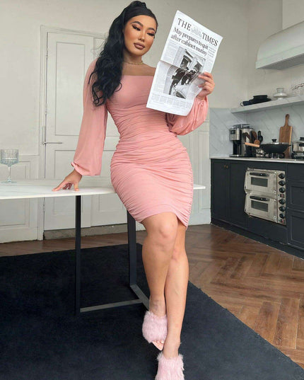 Chic Square Neck Ruched Bodycon Dress with Elegant Zip-Back